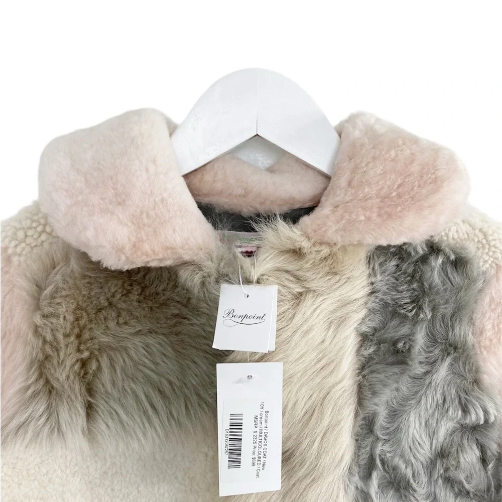 Bonpoint Girl’s Davos Coat Size 10Y Fur and Leather Pastel Patchwork NWT - Picture 3 of 6